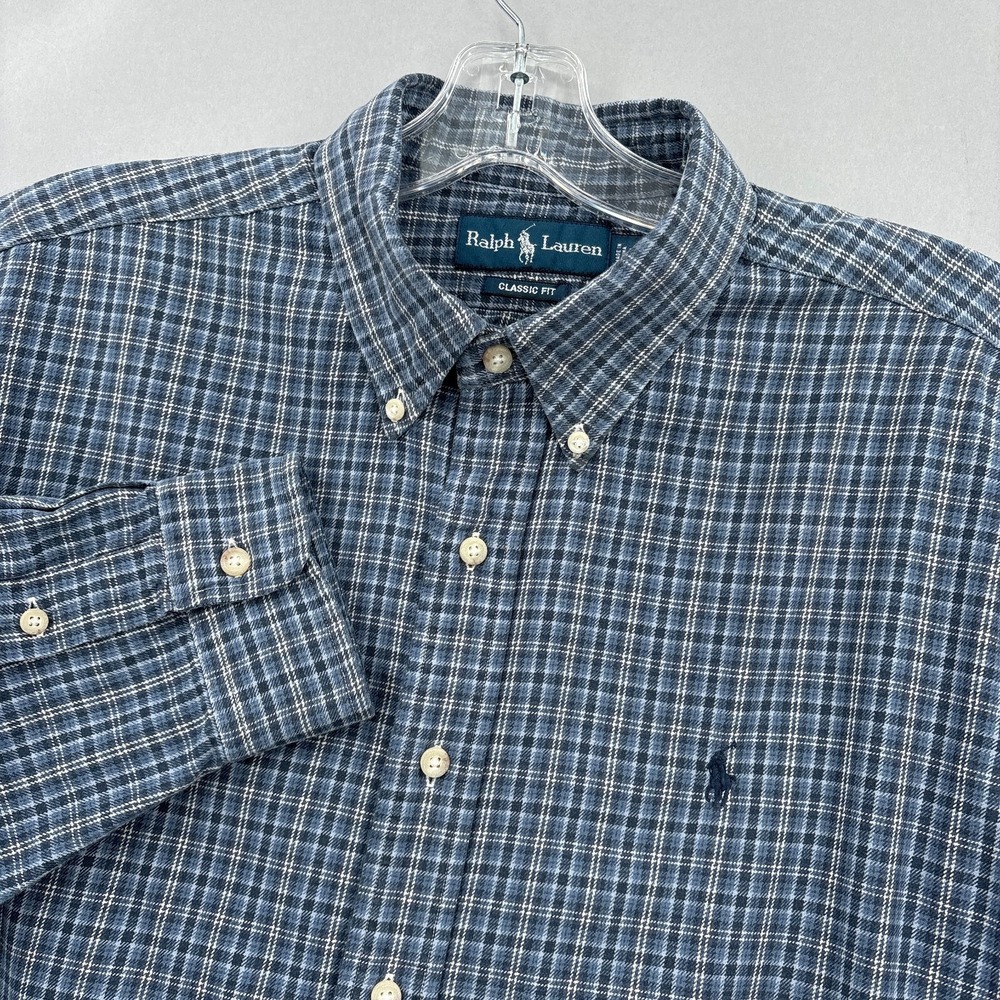 Ralph Lauren Shirt Mens XL Blue Plaid Button Down Long Sleeve 90s Vintage